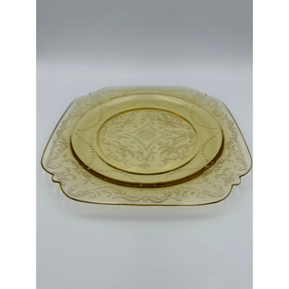 Lancaster Glass | 1930s Jubilee Etched Dinner Plate | Uranium Yellow | 9”